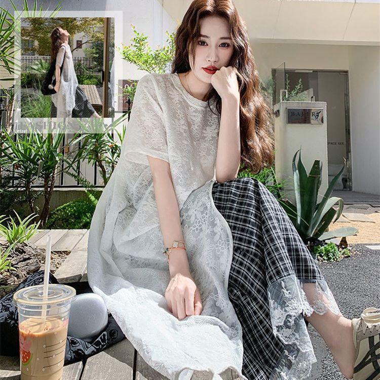 【單件/套裝】高級設計感蕾絲衫+黑白格半身裙兩件套裝-lululam