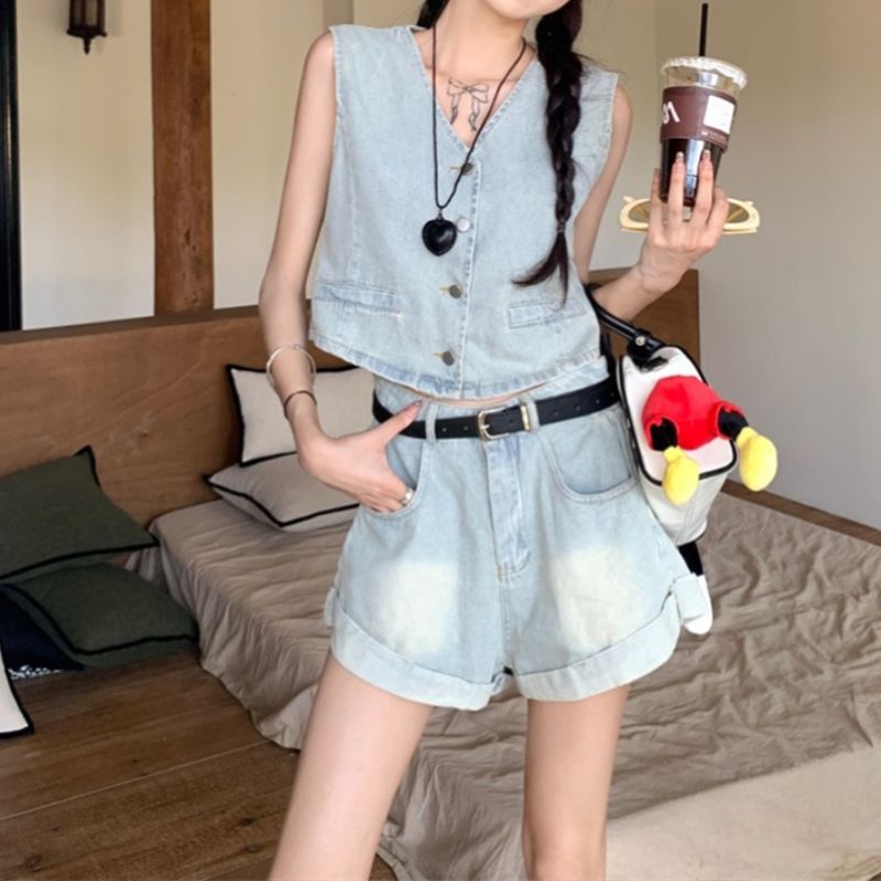 【單件/整套】復古辣妹短版馬甲背心牛仔褲短褲兩件套裝 商品圖 7