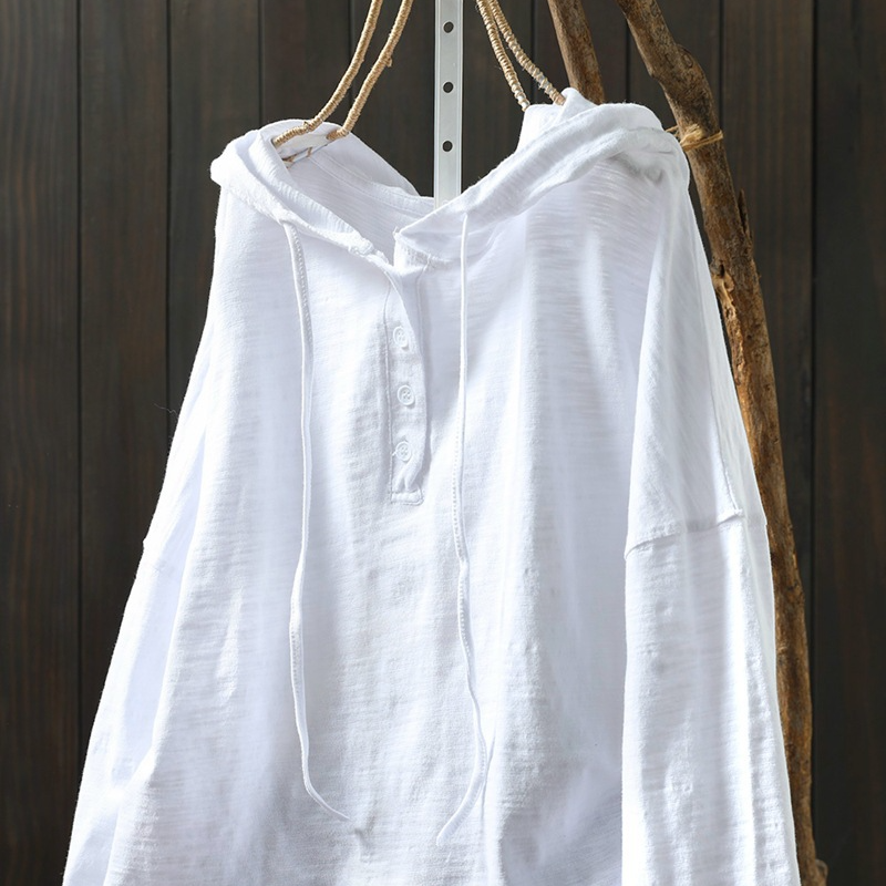 竹節棉連帽寬鬆休閑遮肉套頭長袖T恤-lululam