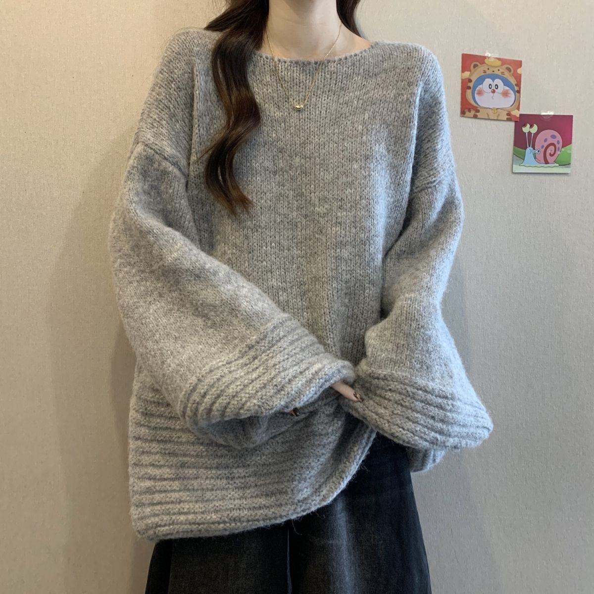 寬松燈籠袖大碼中長款軟糯慵懶風針織毛衣-lululam