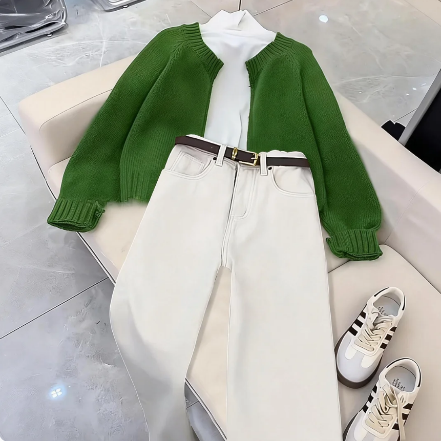 【單件/套裝】韓版針織開衫+打底衫+牛仔褲三件套