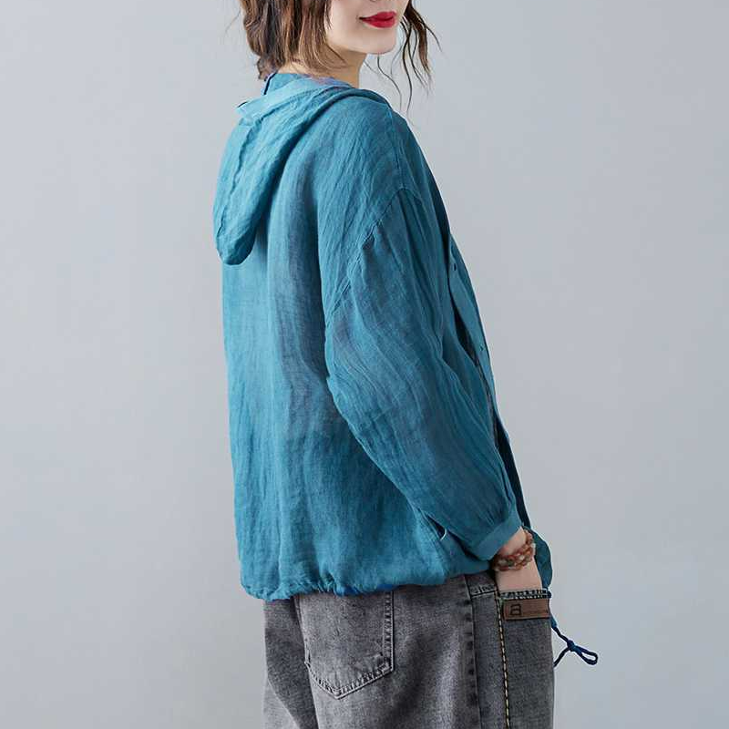 復古連帽棉麻寬鬆文藝防曬中長款空調開衫-lululam