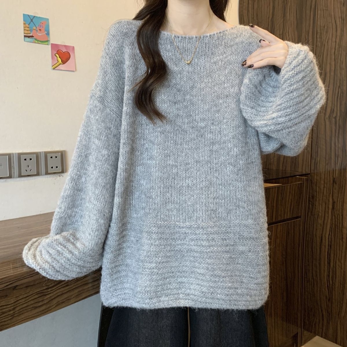 寬松燈籠袖大碼中長款軟糯慵懶風針織毛衣-lululam