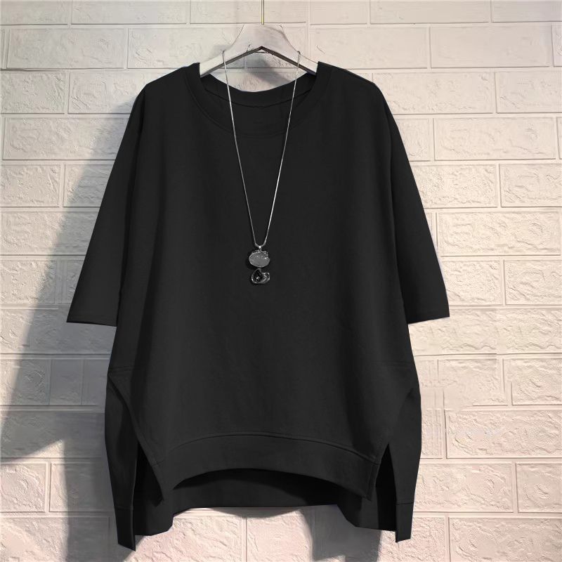 韓版前短後長寬鬆顯瘦休閒港風大碼中袖T恤-lululam