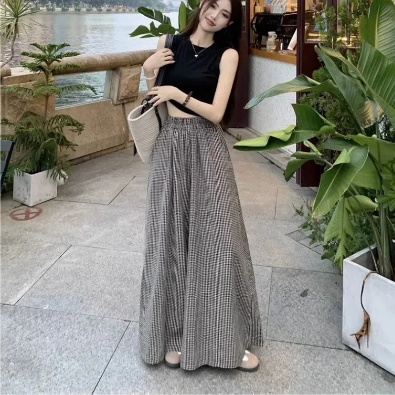 【單品/套裝】顯瘦無袖背心格子高腰闊腿褲兩件套裝-lululam