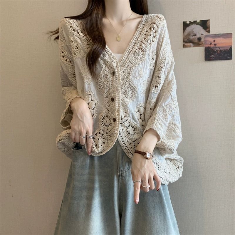 波西米亞風鉤花鏤空V領大碼防曬開衫襯衫-lululam
