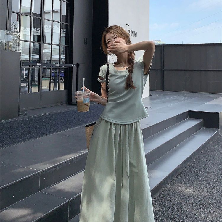 【單件/套裝】氣質顯瘦a字花苞半身裙+設計感短袖兩件套