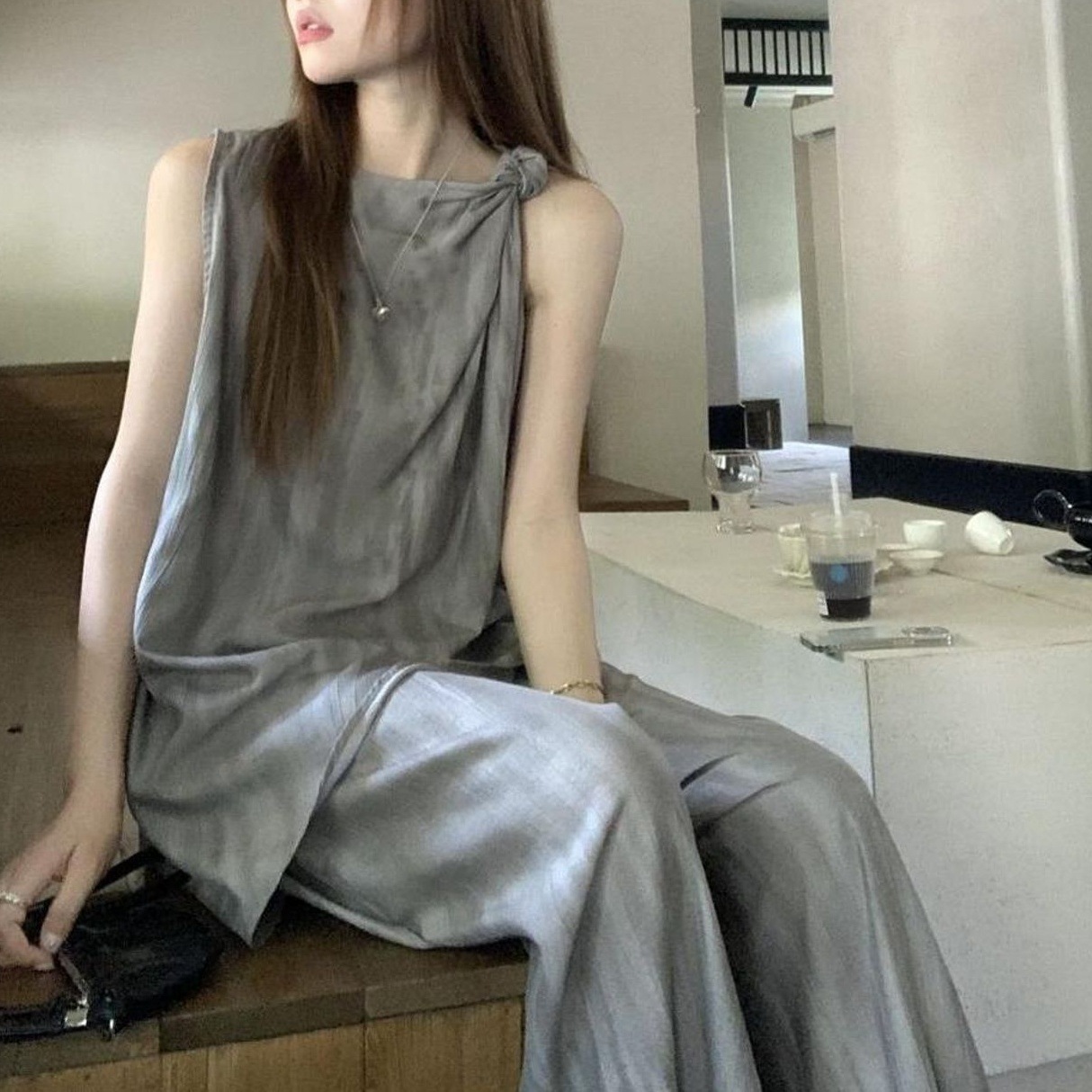 【單件/套裝】松弛感不規則無袖背心+闊腿拖地褲兩件套