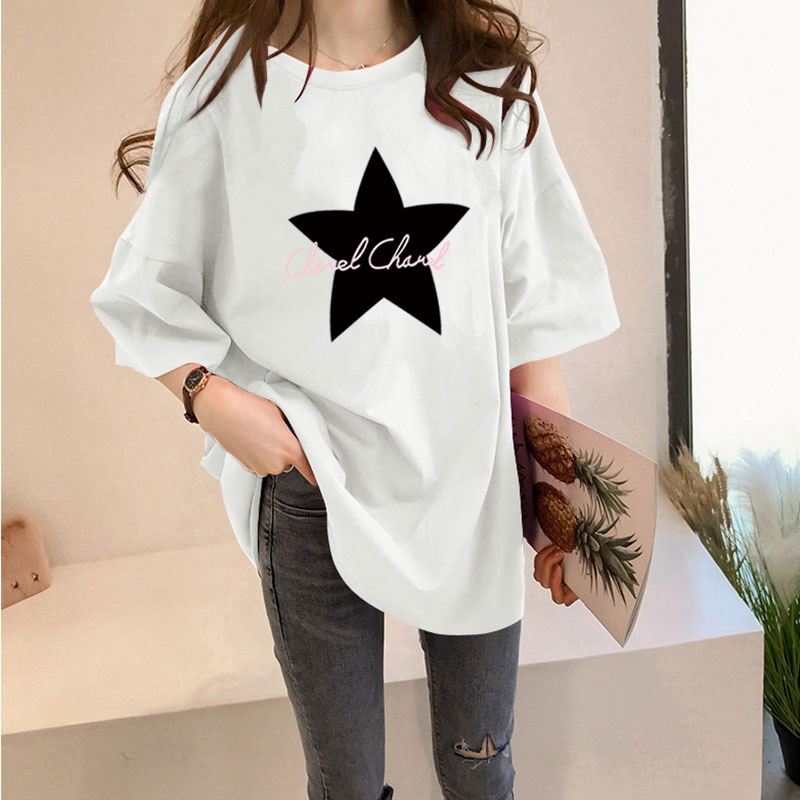 【全十色】中長款韓版寬鬆卡通印花短袖-lululam