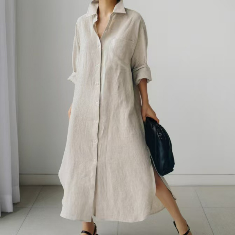 寬鬆休閒文藝顯瘦素色氣質翻領洋裝-lululam