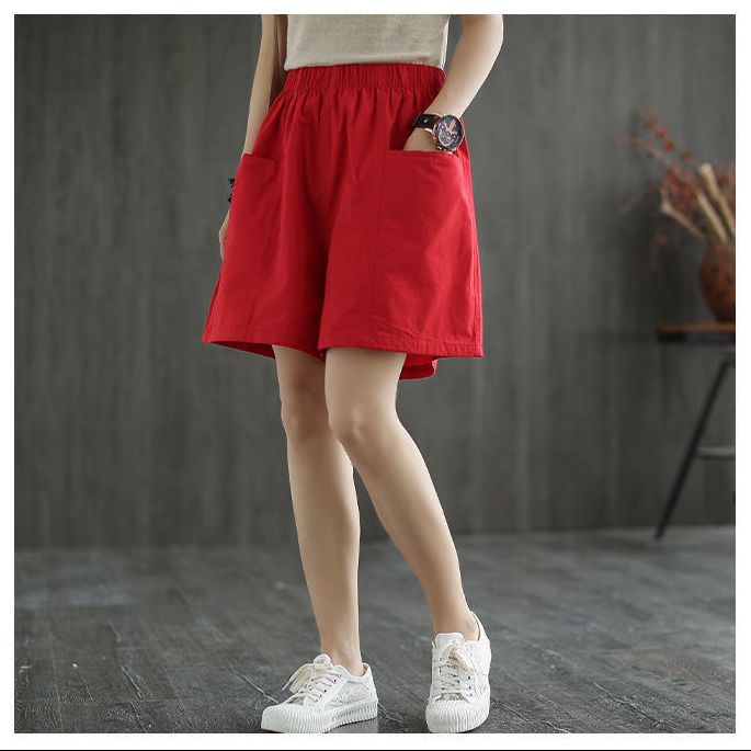 純棉百搭寬鬆顯瘦直筒闊腿鬆緊腰五分短褲-lululam