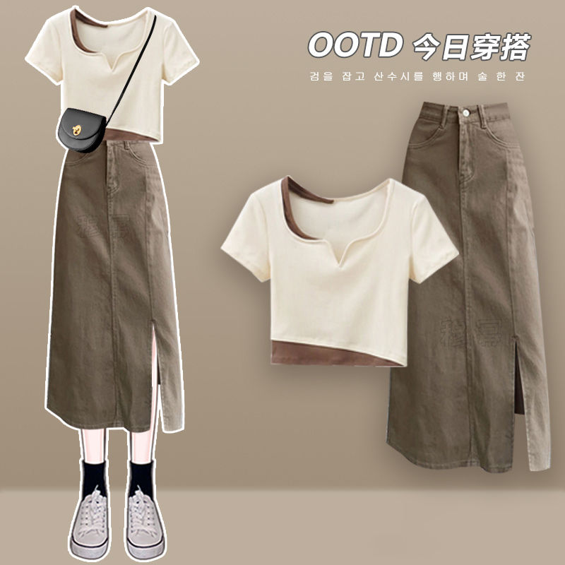 【套裝】休閒百搭潮流短袖V領+顯瘦牛仔半身裙兩件套裝-lululam