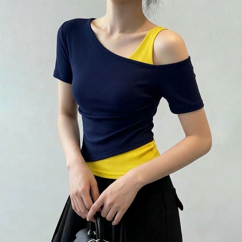 斜肩假兩件修身顯瘦拼色氣質休閒T恤