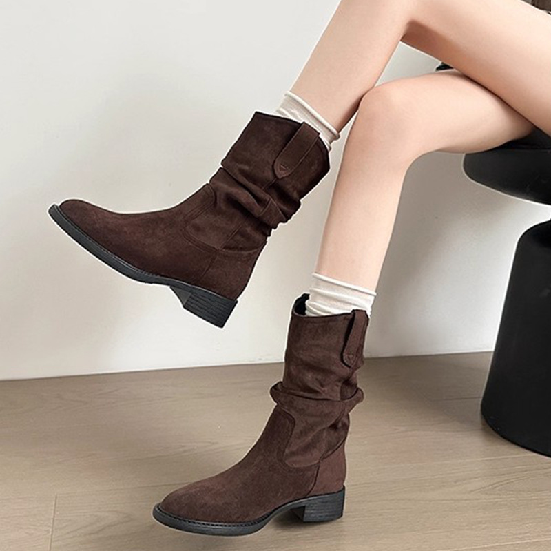 美拉德復古中筒牛仔堆堆短靴粗跟馬丁靴-lululam