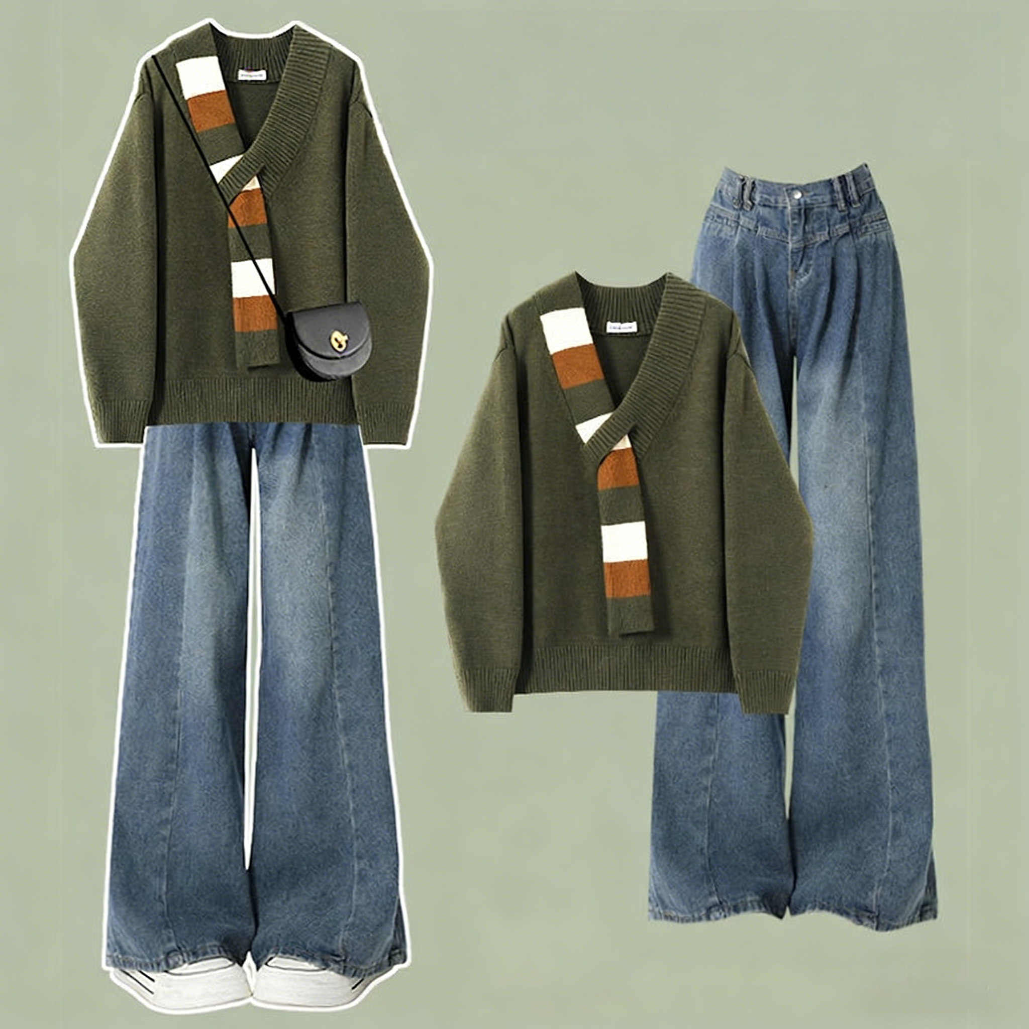 【單件/套裝】韓系減齡V領針織衫毛衣+高腰顯瘦闊腿牛仔褲兩件套