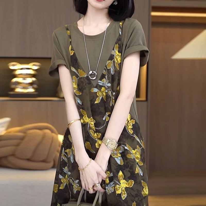 小香風有口袋吊帶假兩件大碼顯瘦過膝洋裝