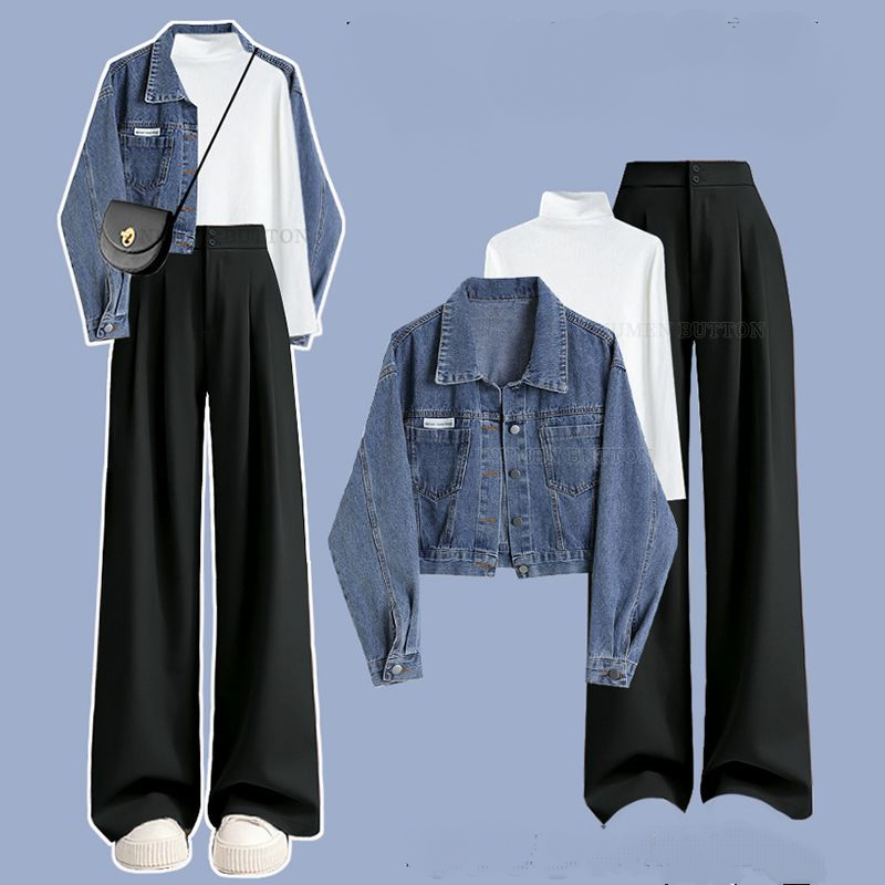 【單件/套裝】牛仔外套打底衫顯瘦西裝休閒褲三件套裝-lululam