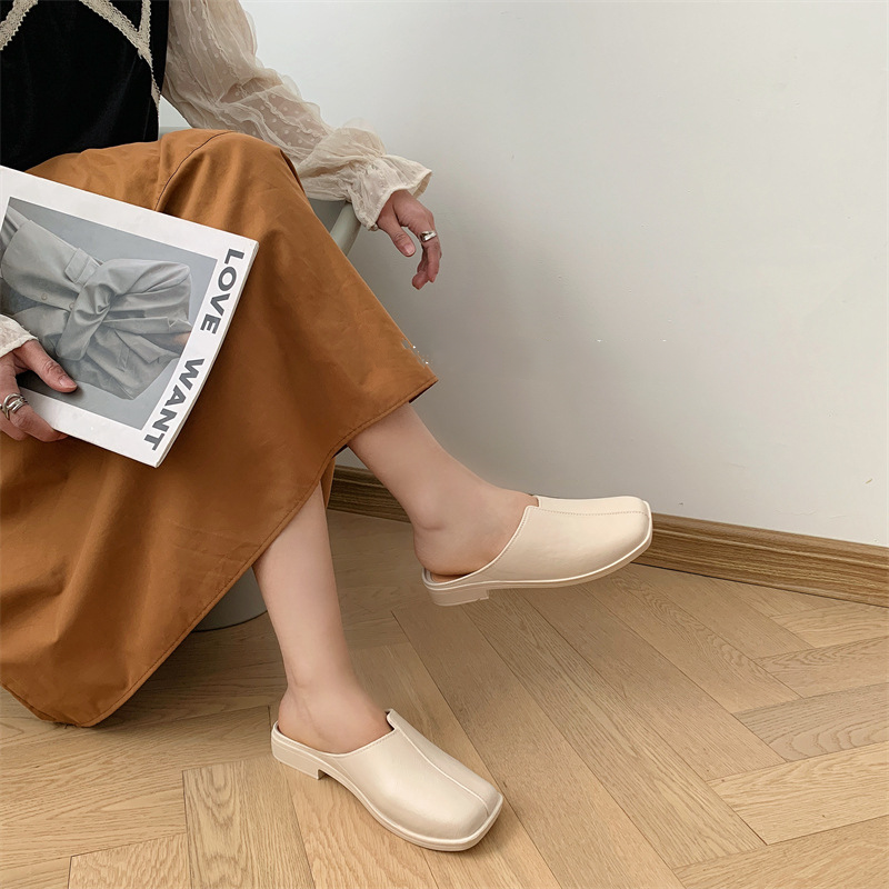 時尚純色日常休閑低跟包頭涼拖鞋-lululam