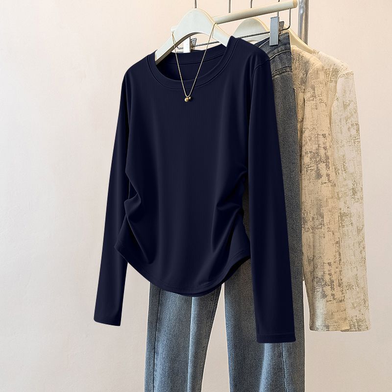 設計感褶皺收腰百搭修身圓領打底長袖T恤-lululam