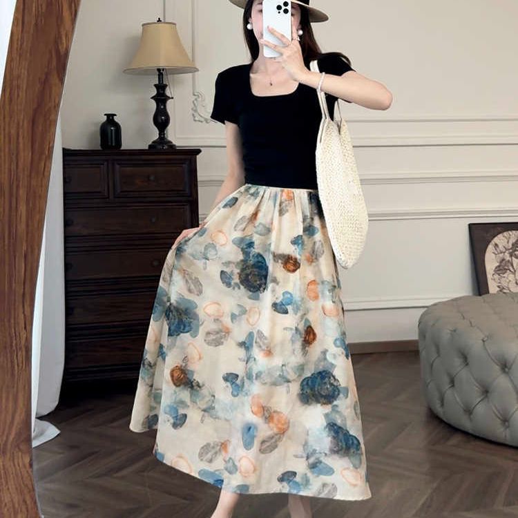 藝術系水墨暈染A字鬆緊腰半身裙-lululam