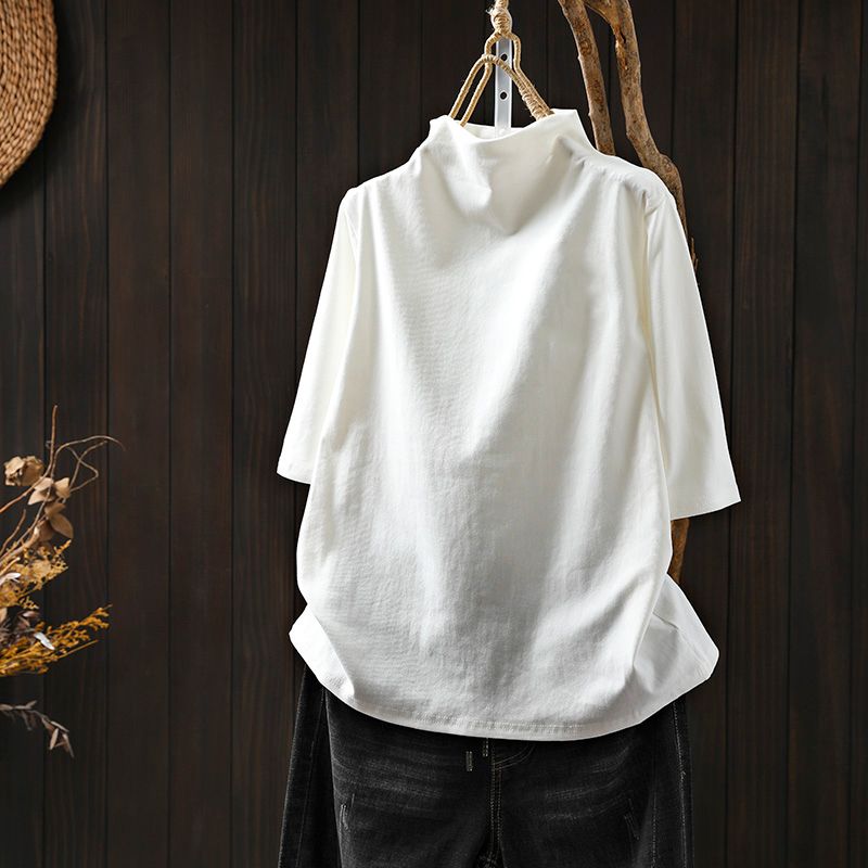 純棉半高領寬鬆顯瘦百搭素色五分袖T恤-lululam