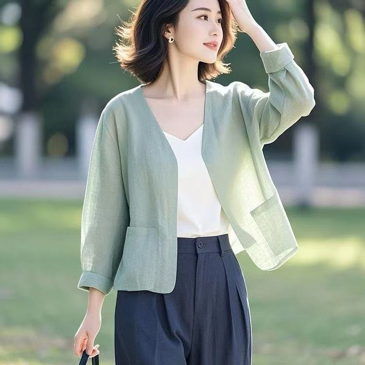 輕薄棉麻素色寬鬆七分袖防曬開衫