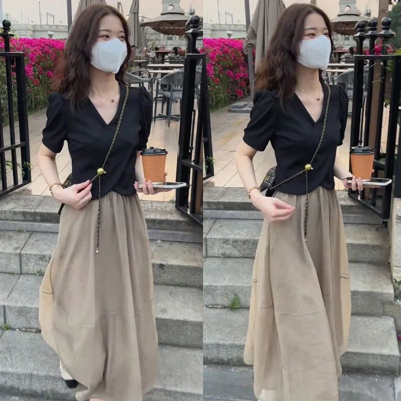 【單件/套裝】時尚流行短袖A字半身裙兩件套裝-lululam