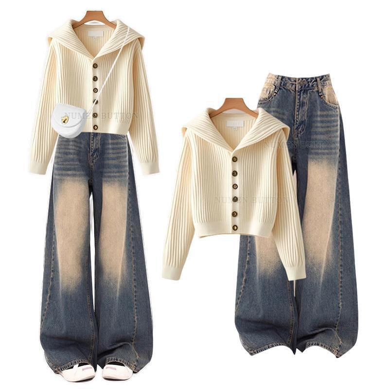 【單件/套裝】海軍領百搭高級感針織毛衣+高腰牛仔褲兩件套