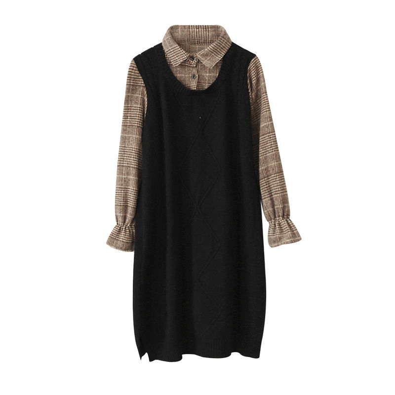 假兩件襯衫領針織拼接中長款洋裝-lululam