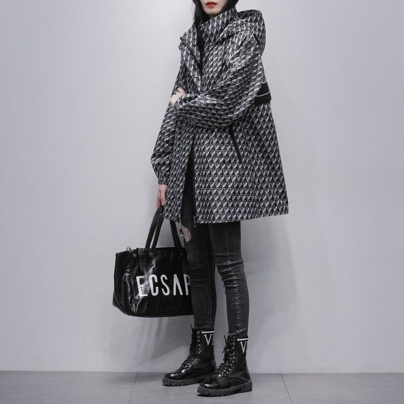 千鳥格黑色風衣中長版休閒寬鬆顯瘦連帽外套(預售7天左右發貨)