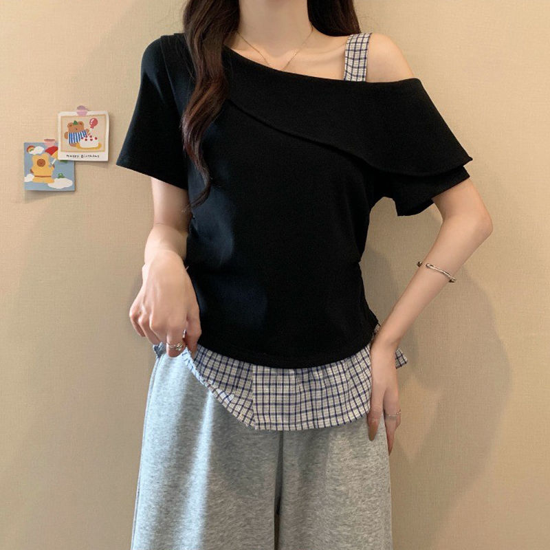 純棉格子拼接斜肩露肩收腰顯瘦短袖T恤-lululam