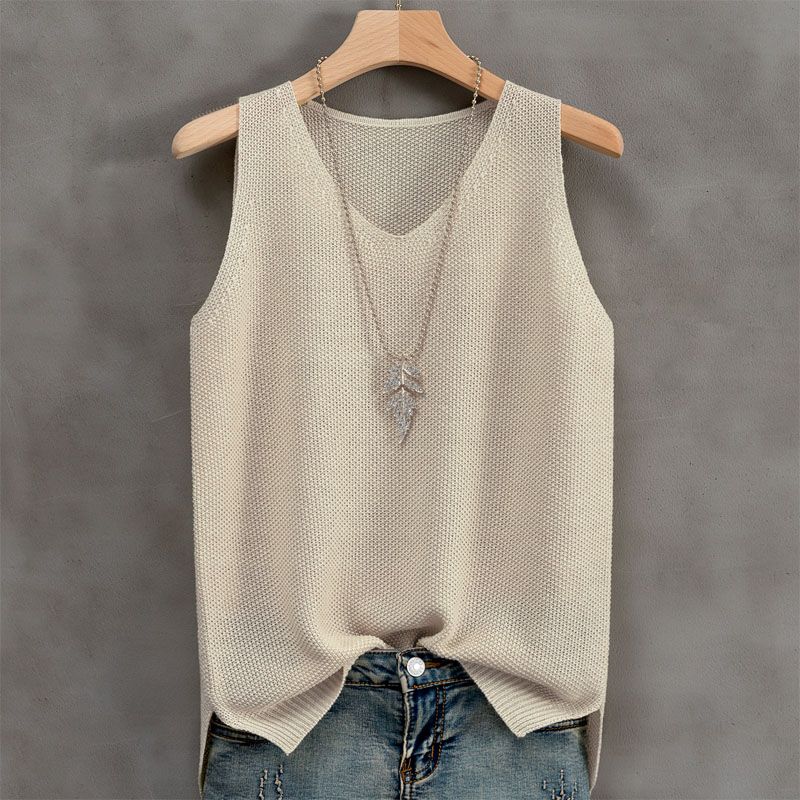 針織冰絲涼爽透氣V領寬鬆吊帶背心-lululam