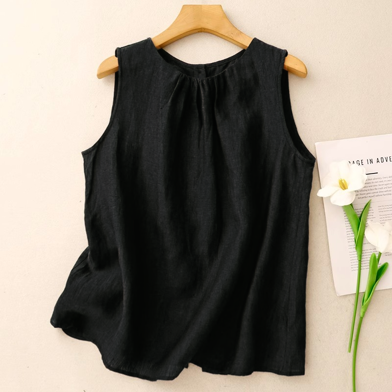 文藝風素色棉麻薄款寬鬆顯瘦無袖背心-lululam