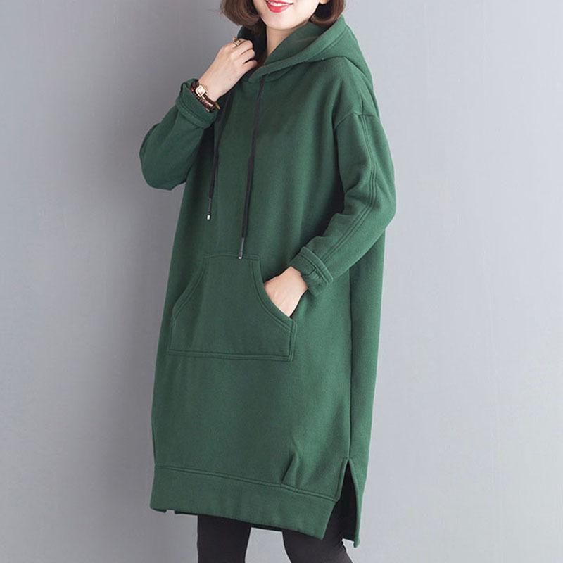 寬鬆刷毛加厚素色開叉中長款連帽T