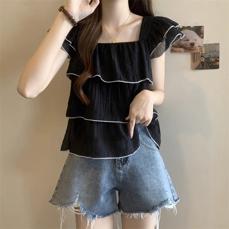 休閒方領荷葉邊娃娃衫遮肚子小飛袖雪紡襯衫