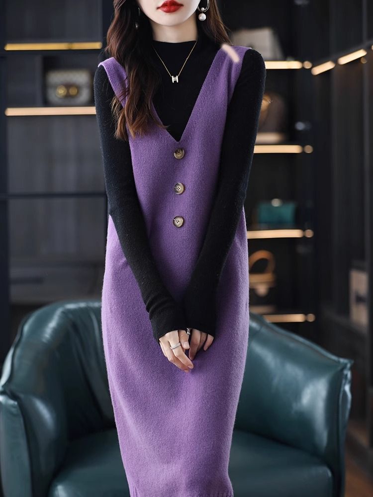 寬鬆針織無袖V領中長款馬甲洋裝-lululam