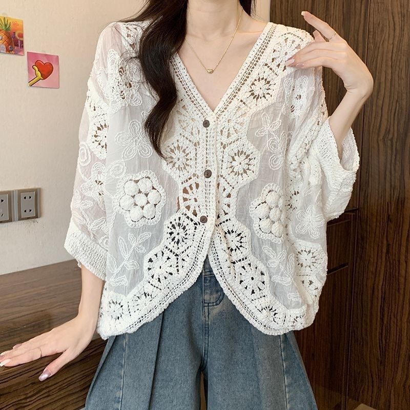 波西米亞風鉤花鏤空V領大碼防曬開衫襯衫-lululam