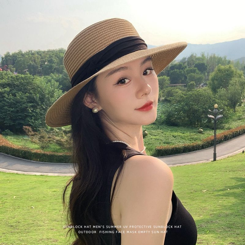 赫本風法式平頂草帽大帽檐遮陽防曬帽度假沙灘帽-lululam