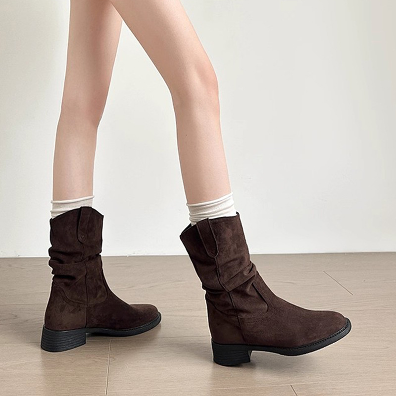 美拉德復古中筒牛仔堆堆短靴粗跟馬丁靴-lululam