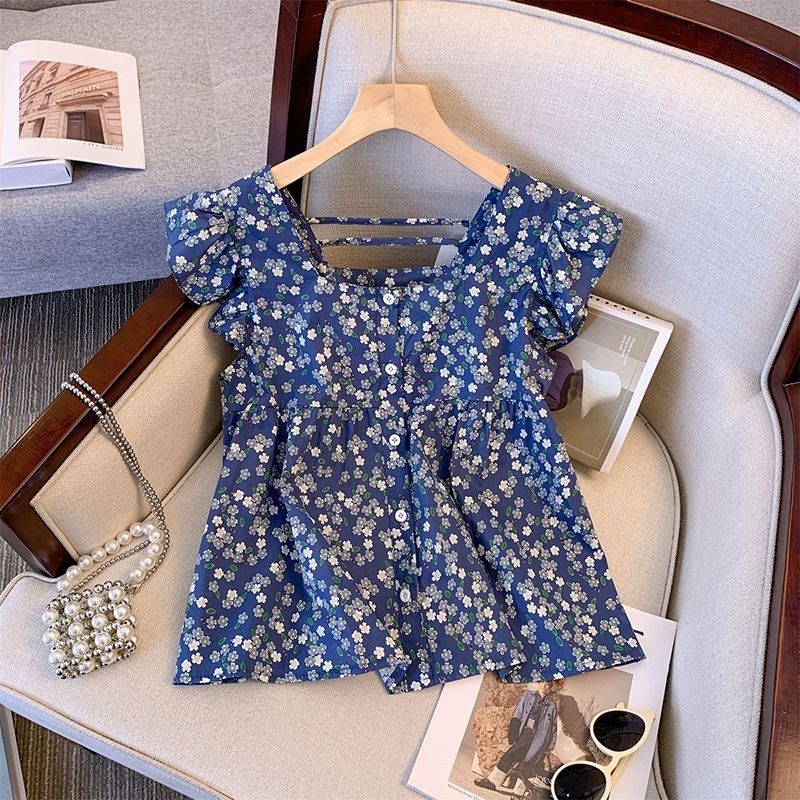 小清新甜美減齡碎花方領飛飛袖襯衫