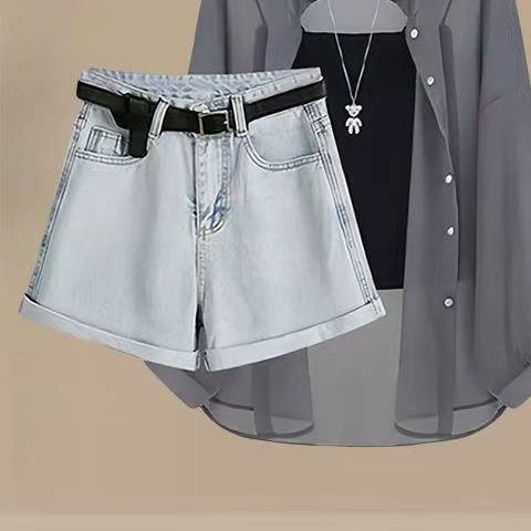 【單品/套裝】防曬襯衫吊帶牛仔短褲三件套裝-lululam