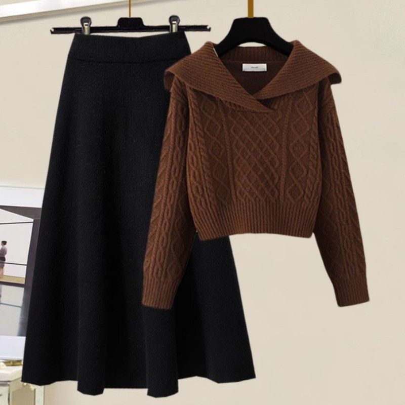 【單件/套裝】慵懶風娃娃領麻花毛衣+高腰A字針織半身裙兩件套