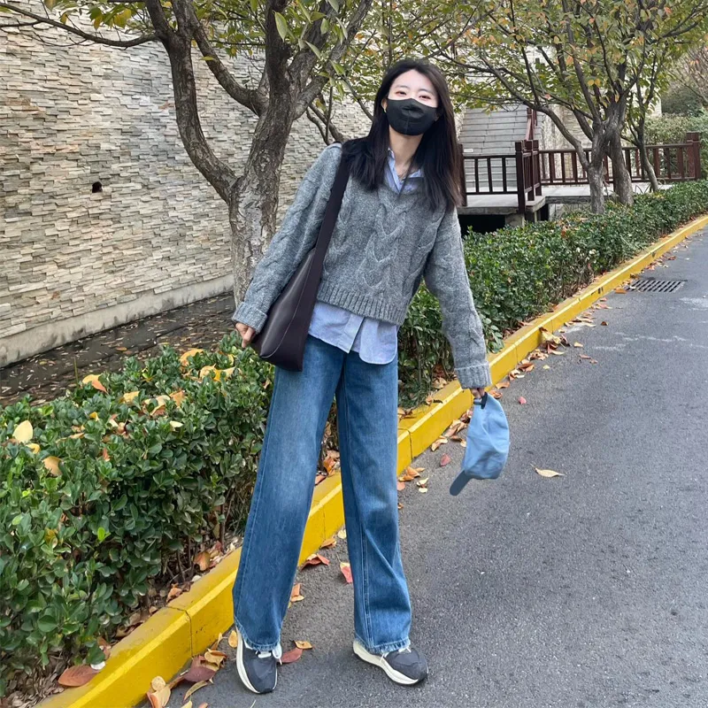 高腰垂感顯瘦寬鬆闊腿百搭直筒牛仔褲