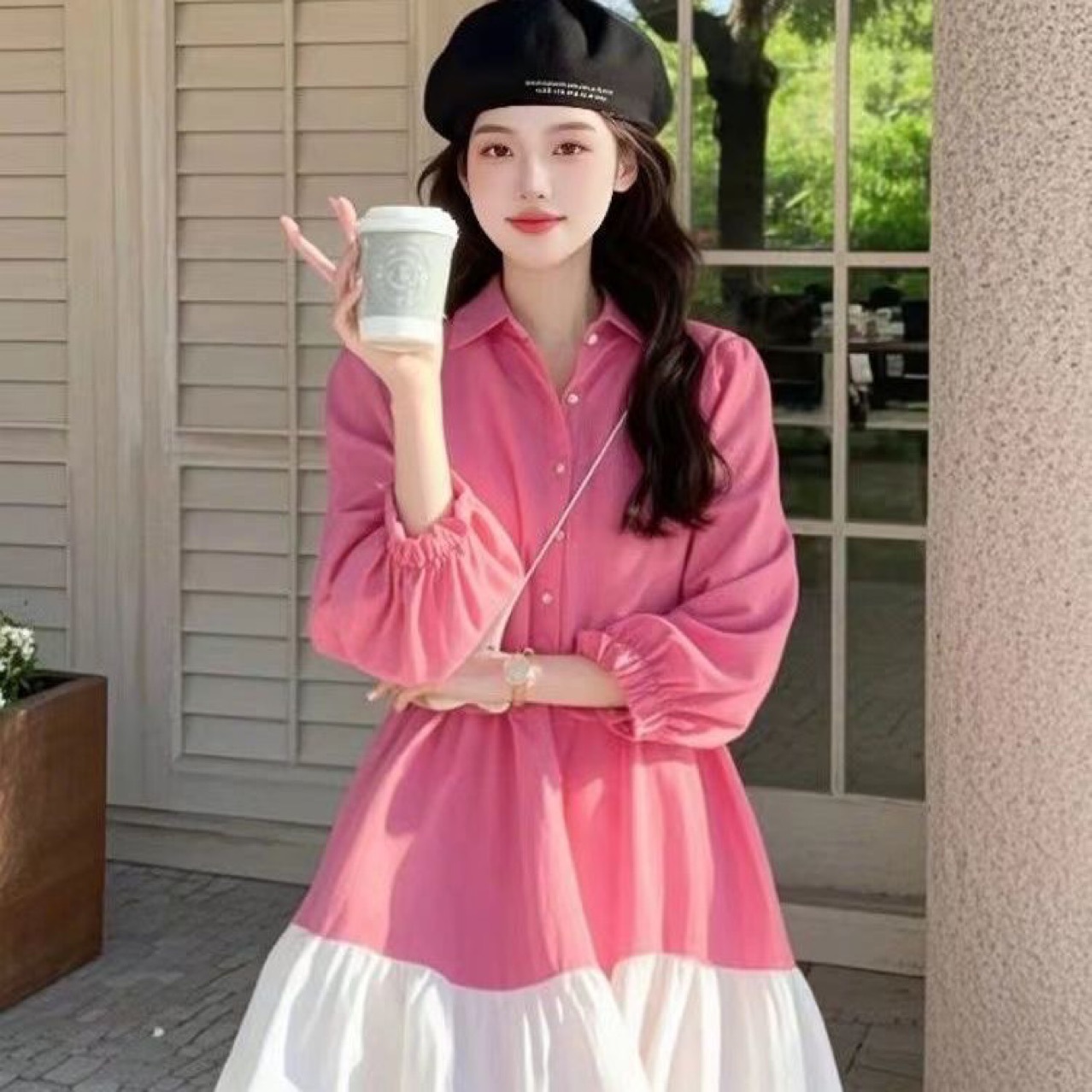 多巴胺獨特小香風減齡粉色拼接襯衫洋裝