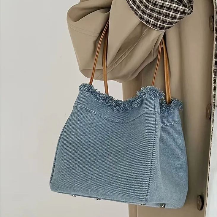 小眾簡約時尚百搭牛仔帆布手提水桶包-lululam