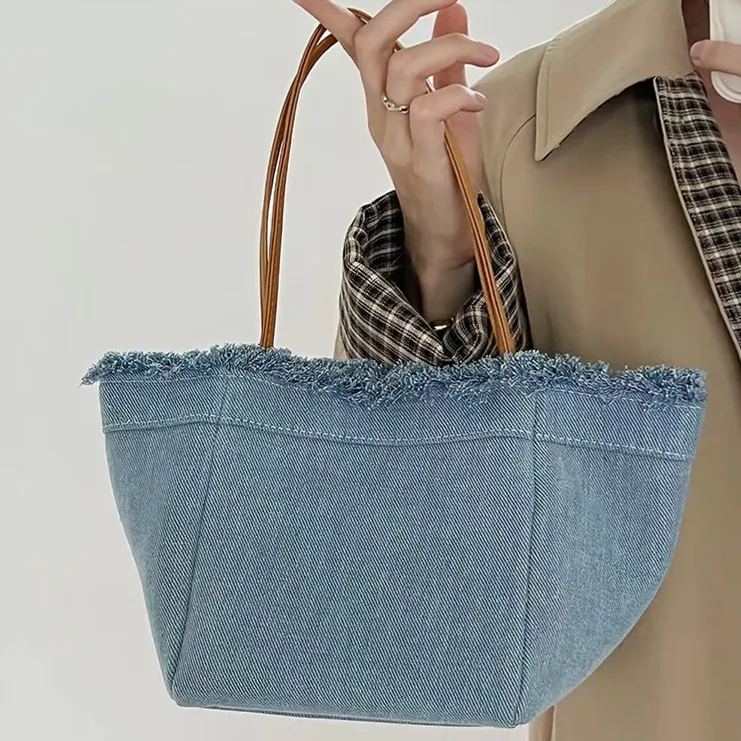 小眾簡約時尚百搭牛仔帆布手提水桶包-lululam