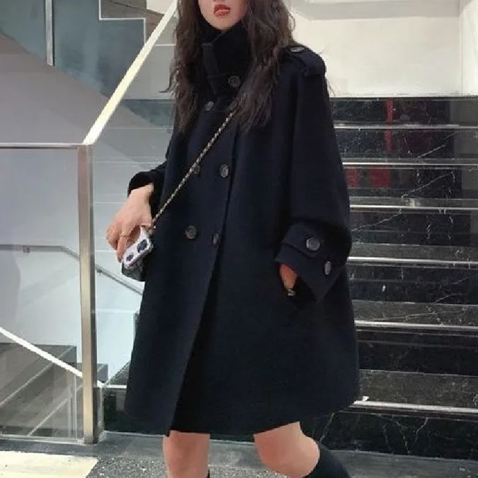 斗篷毛呢赫本風韓系加厚雙面羊絨外套-lululam