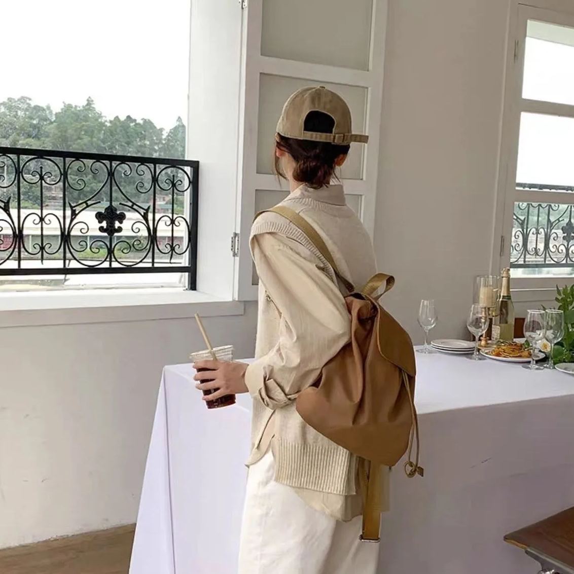 韓系雙肩ins潮輕便休閒電腦包尼龍抽繩包-lululam