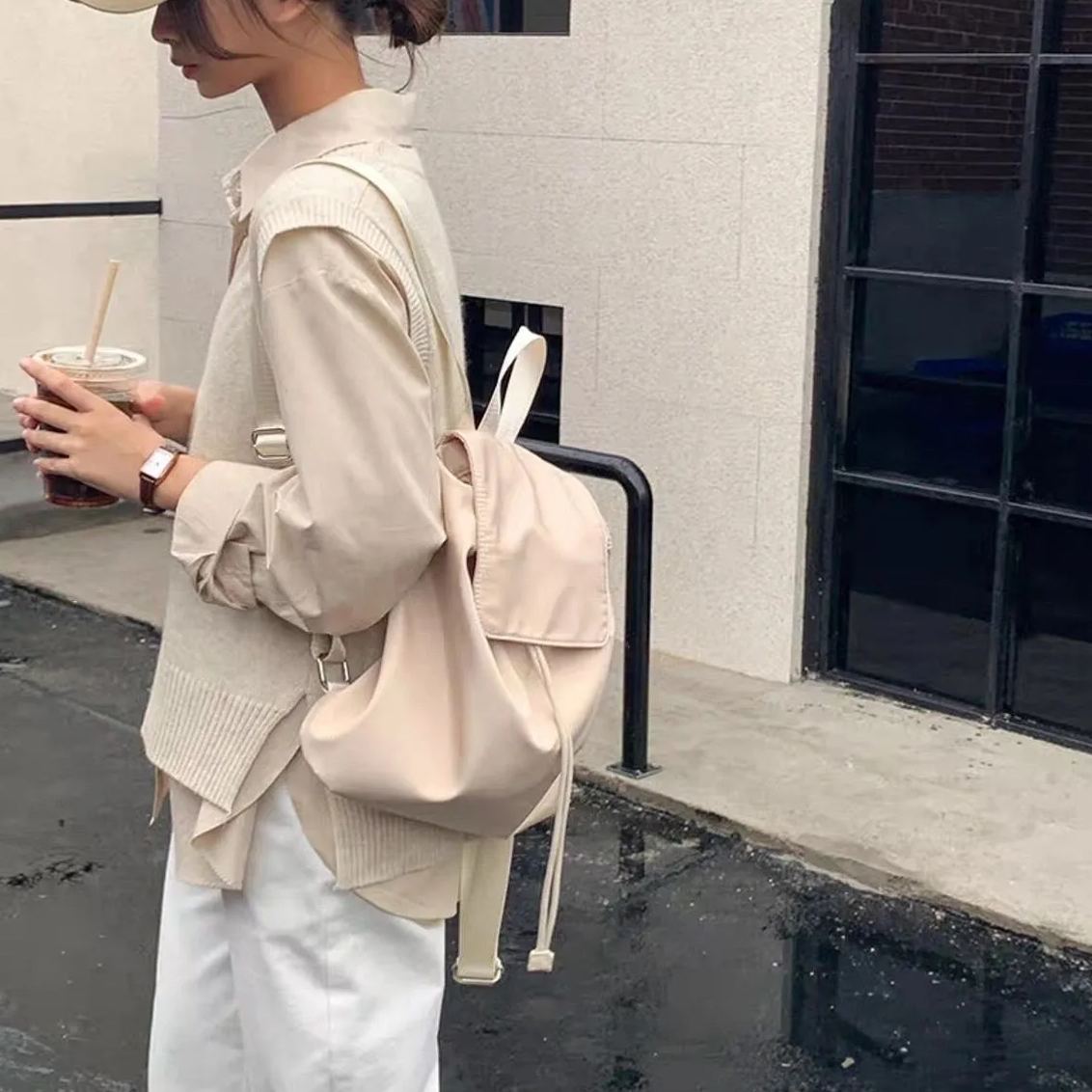 韓系雙肩ins潮輕便休閒電腦包尼龍抽繩包-lululam