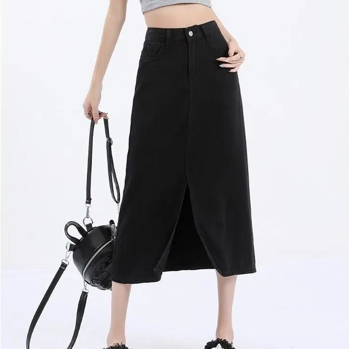天絲牛仔高腰冰絲中長款開叉a字半身裙-lululam